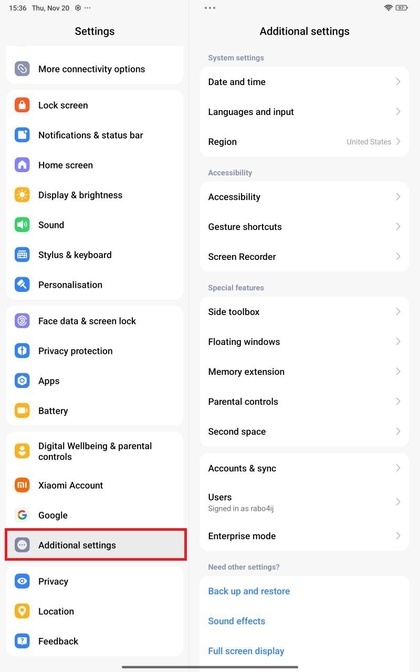 Aanvullende instellingen selecteren op Xiaomi Redmi Pad Pro