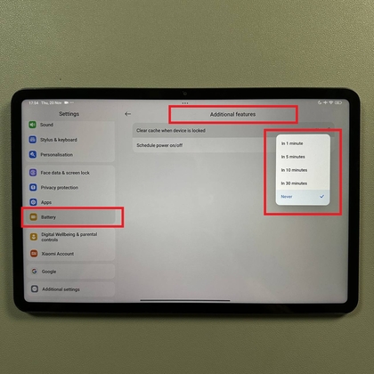 Batterij-instellingen optie op Xiaomi Pad 6