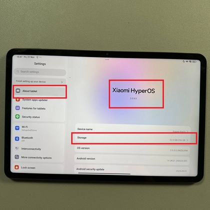 Opties voor Over tablet en Opslag op Xiaomi Pad 6