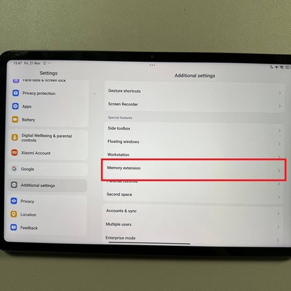 Optie voor geheugenuitbreiding in Instellingen op Xiaomi Pad 6