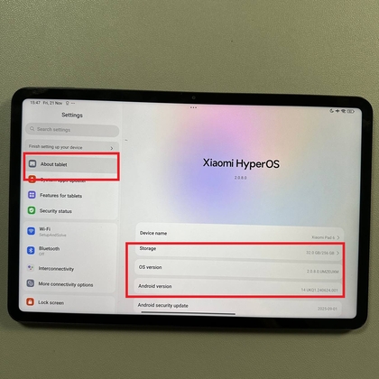 Sectie Over tablet in Instellingen