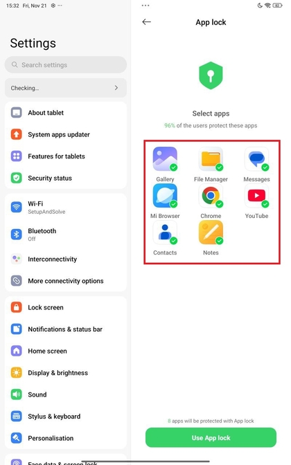 Apps selecteren om te vergrendelen op Xiaomi Redmi Pad Pro