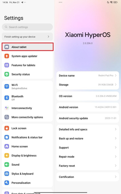 Sectie Over tablet op Xiaomi Redmi Pad Pro