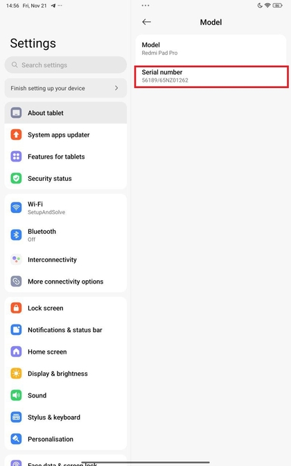 Model & Serienummer op Xiaomi Redmi Pad Pro
