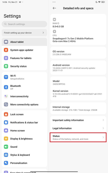Sectie Status op Xiaomi Redmi Pad Pro