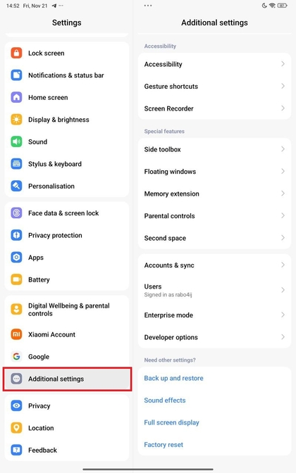 Optie Extra instellingen in Xiaomi Redmi Pad Pro