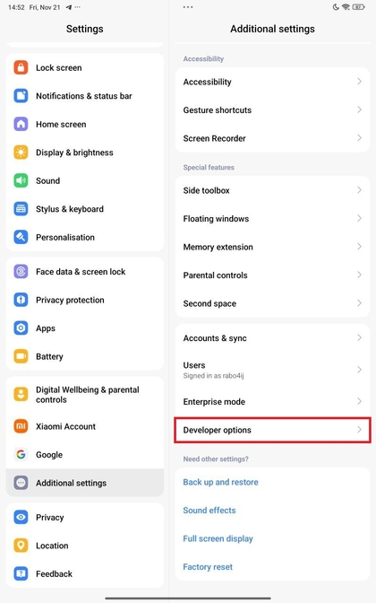 Ontwikkelaarsopties in Xiaomi Redmi Pad Pro