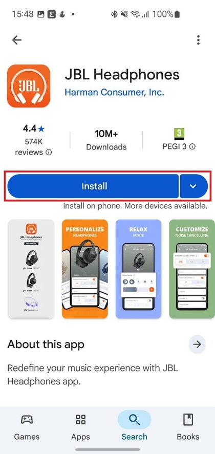 Installatiescherm van de JBL Headphones-app