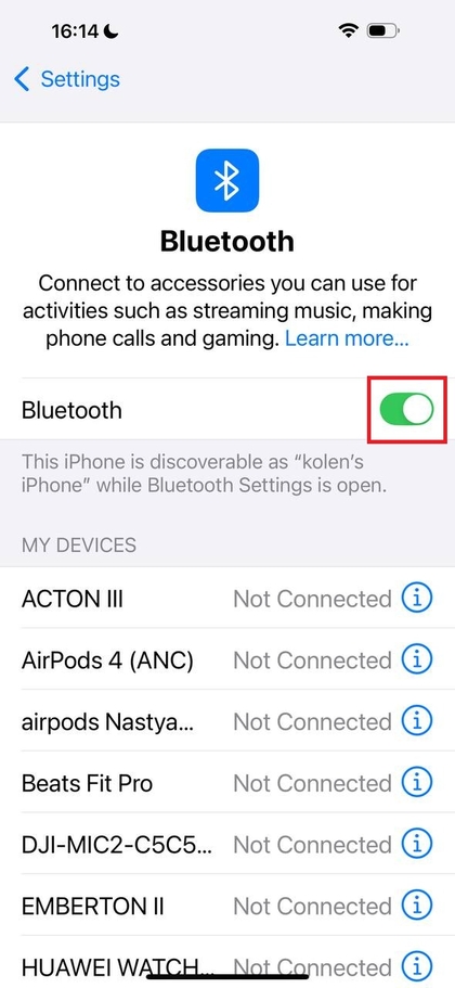 iPhone Bluetooth-instellenscherm