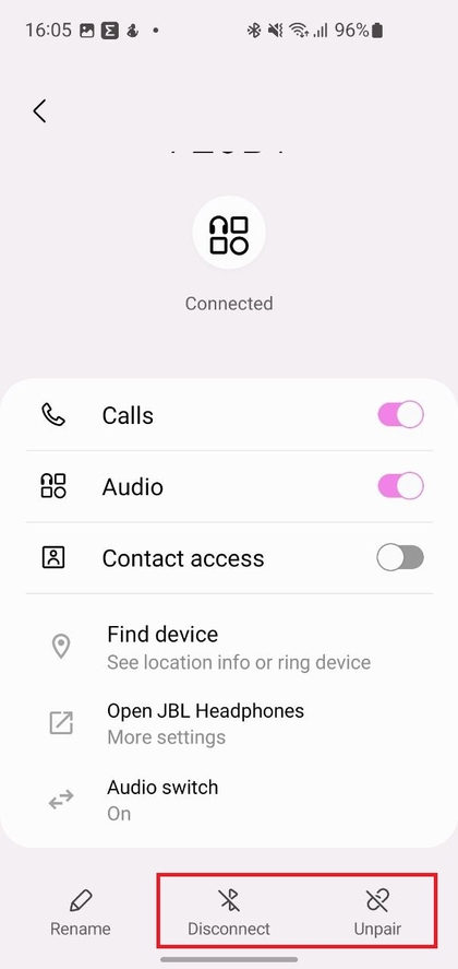 Optie om JBL-hoofdtelefoon te vergeten of los te koppelen