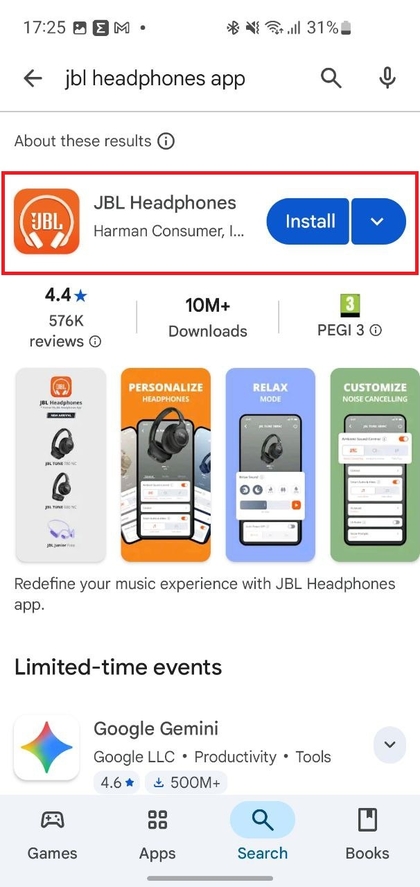 Zoeken naar JBL Headphones-app in de Play Store