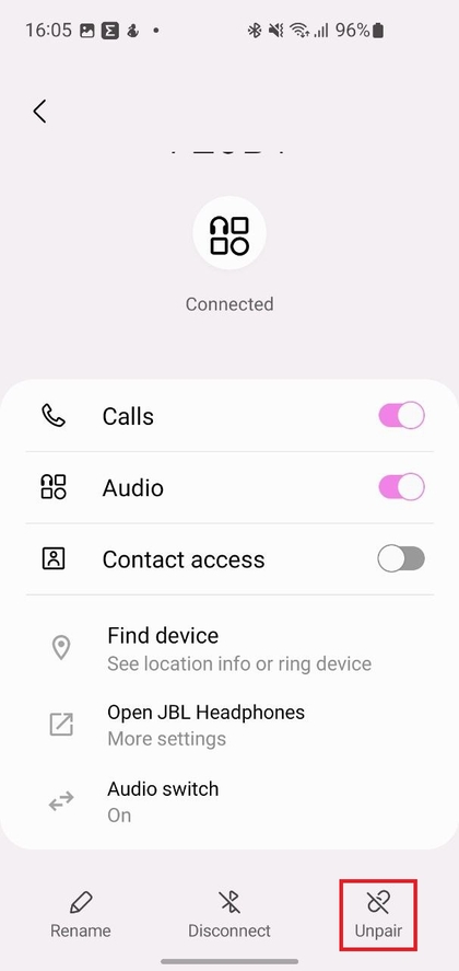 Optie om apparaat te vergeten en opnieuw te koppelen in Bluetooth-instellingen