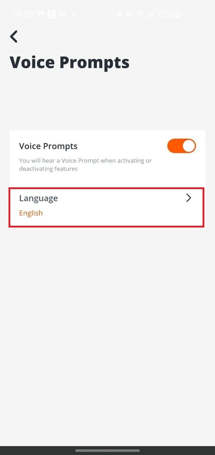 Scherm voor taalselectie in de JBL-app