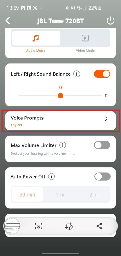Menu Spraakprompts in JBL-app