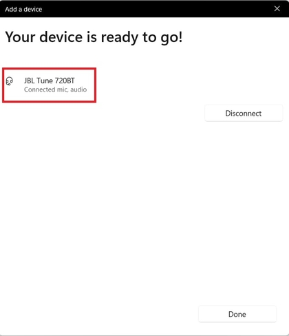 JBL Tune 720BT-hoofdtelefoon is succesvol verbonden met een Windows-laptop