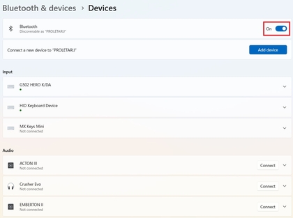 Hoofdmenu van Windows Bluetooth-instellingen