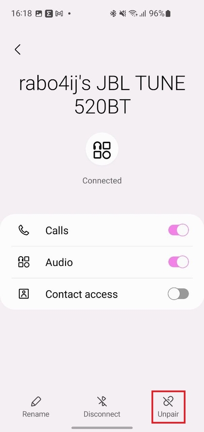 Verwijder JBL Tune 520BT uit de Bluetooth-lijst van het apparaat