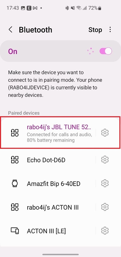 JBL Tune 520BT verbonden in Bluetooth-instellingen