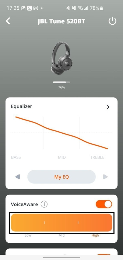 Schuifregelaar voor spraakbewustzijn in JBL-app