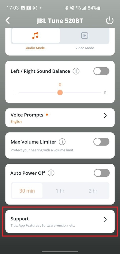 JBL-app-instellingenmenu