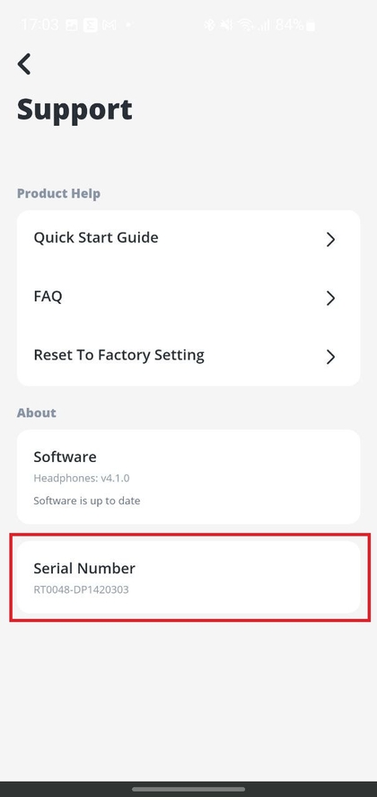 Serienummer weergegeven in app