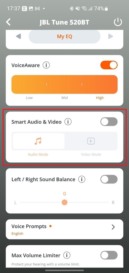 Scrollen naar de Smart Audio & Video-instellingen in de app