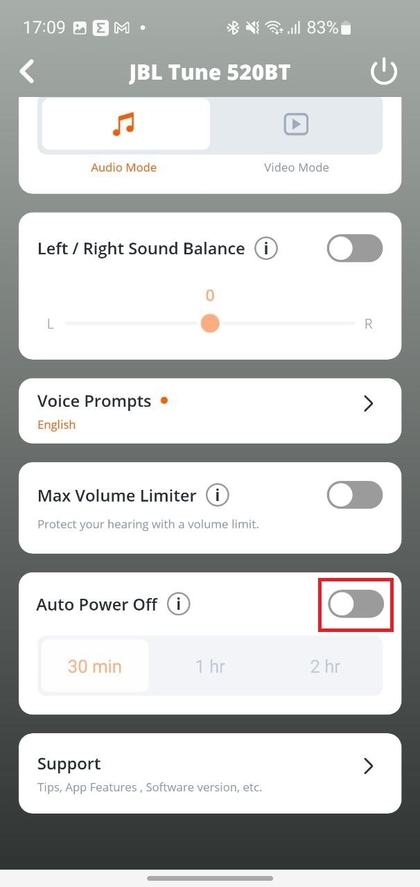 Schakelaar voor automatisch uitschakelen uitgeschakeld in de JBL-app
