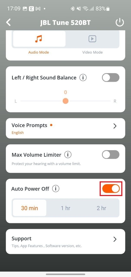 Schakelaar voor automatisch uitschakelen ingeschakeld in de JBL-app
