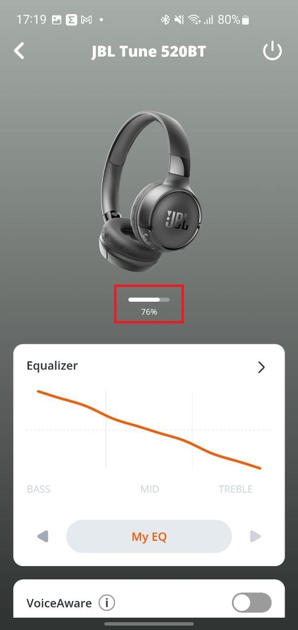 Batterijstatusweergave in de JBL-app