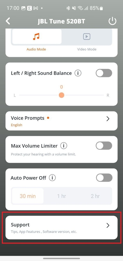 Scrollen om het ondersteuningsgedeelte te vinden in de JBL-app