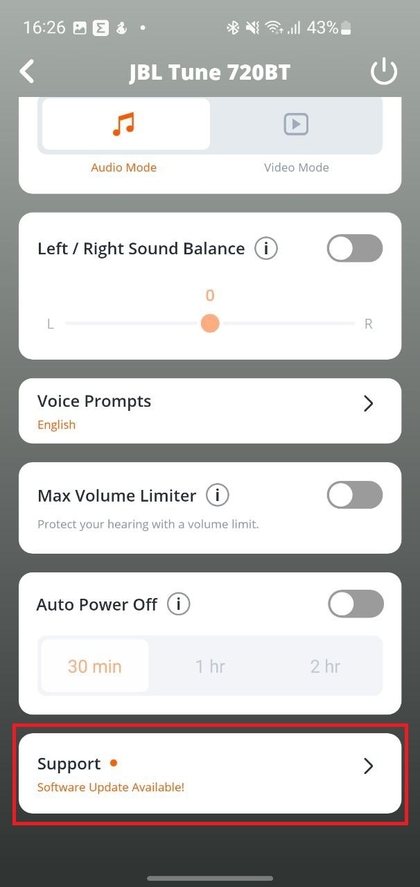 Ondersteuningsgedeelte in de JBL-app