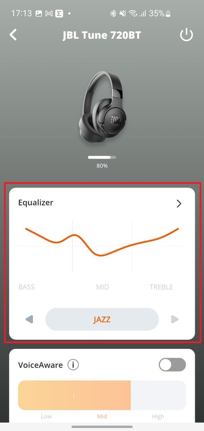 JBL-app met het equalizer-menu