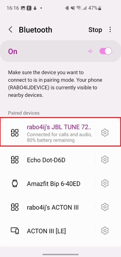 Batterijniveau van JBL-hoofdtelefoon in instellingen