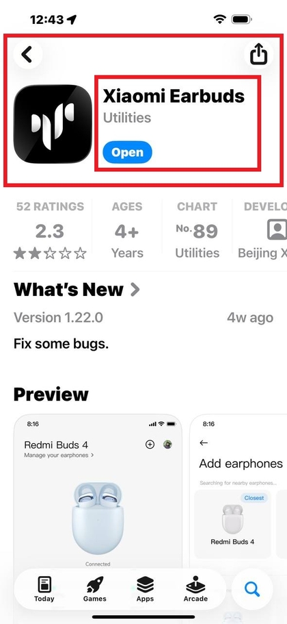 Interface van de Xiaomi Earbuds-app