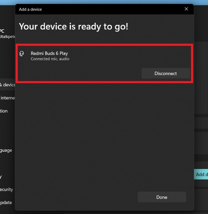 Xiaomi Redmi Buds 6 Play weergegeven in Bluetooth-apparaten op een Windows-pc