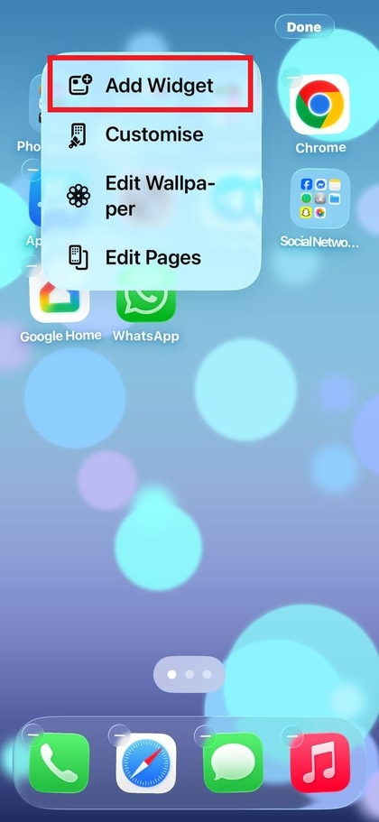 Druk op het plusteken voor widgets