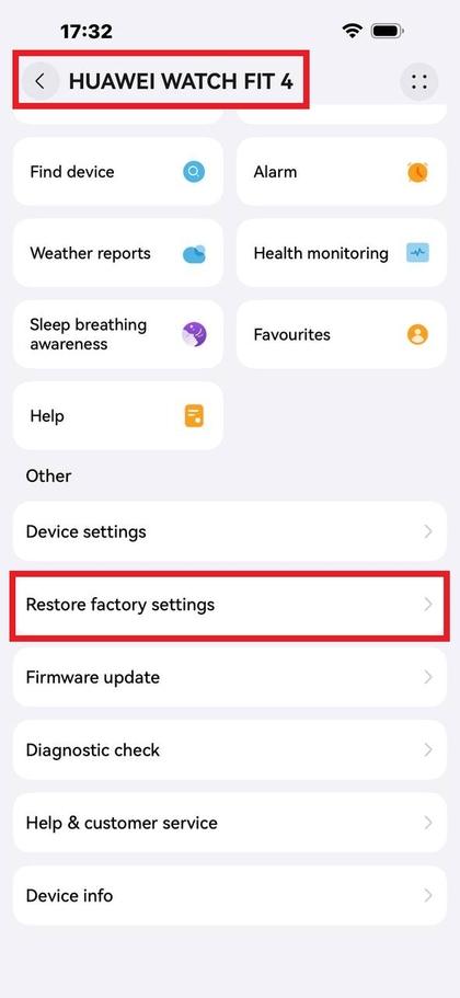 Optie voor het herstellen van de fabrieksinstellingen van de Huawei Health-app