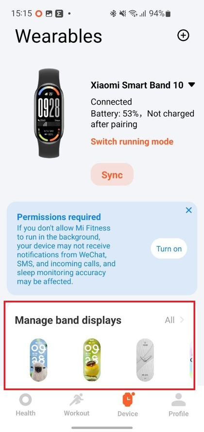 Navigeren naar wijzerplaten in de Mi Fitness-app