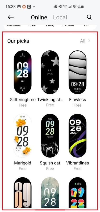 Selectie van wijzerplaten in de Mi Fitness-app