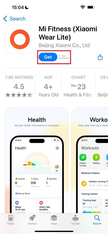 Zoeken naar de Mi Fitness-app in de App Store