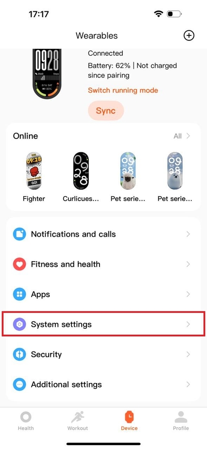 Systeeminstellingen-icoon binnen de app