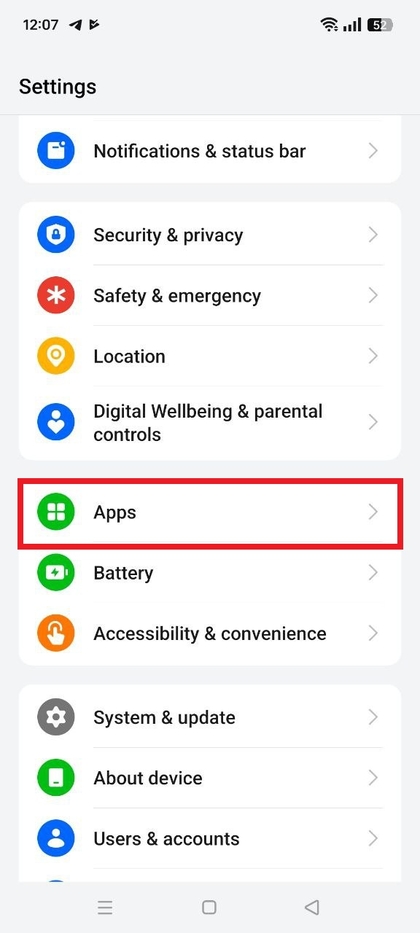 App-beheerscherm op Realme C75