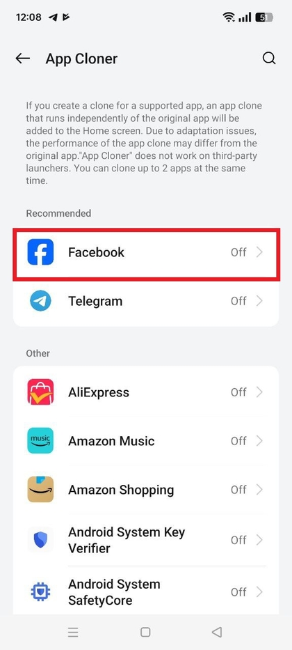 App selecteren om te klonen op Realme C75