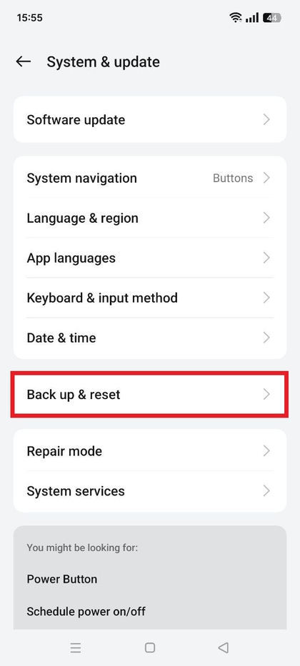 Menu Back-up en Reset op Realme C75