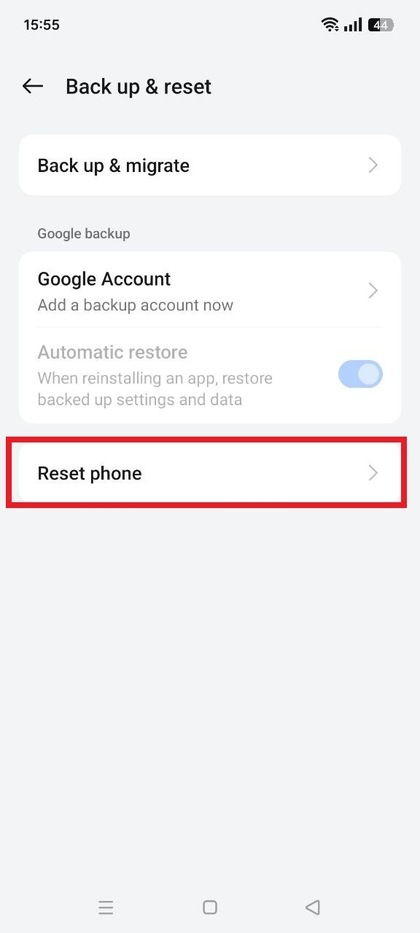 Optie Telefoon resetten in Back-up en Reset