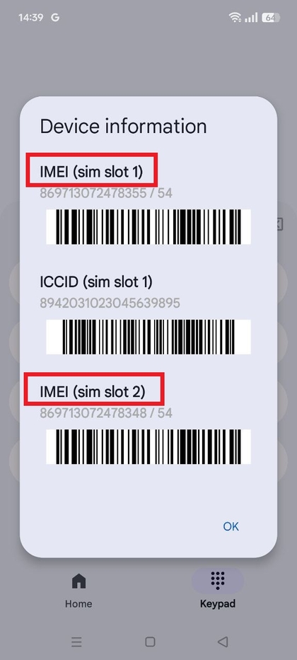 Realme C75 met IMEI op het scherm van de kiezer