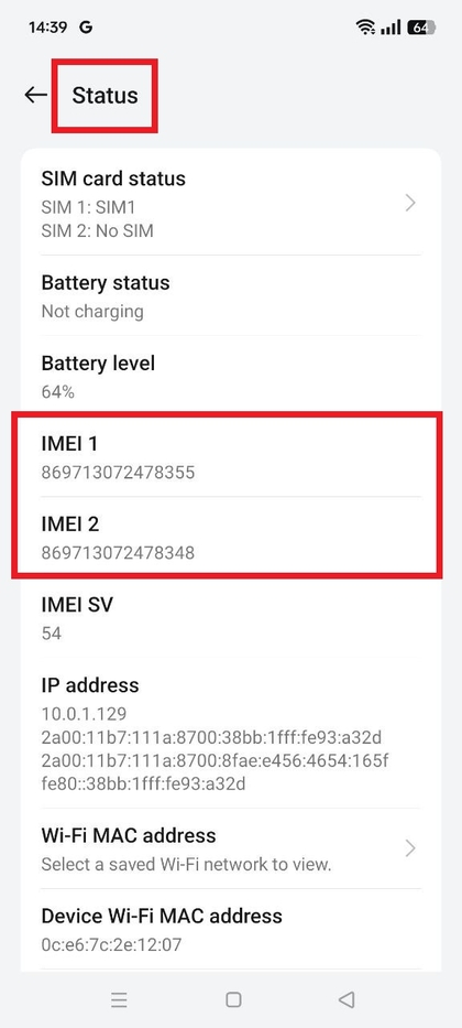 Statusgedeelte met IMEI-nummer in instellingen op Realme C75