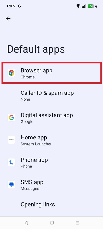 Realme C75 lijst met ge&iuml;nstalleerde apps voor selectie van standaardbrowser