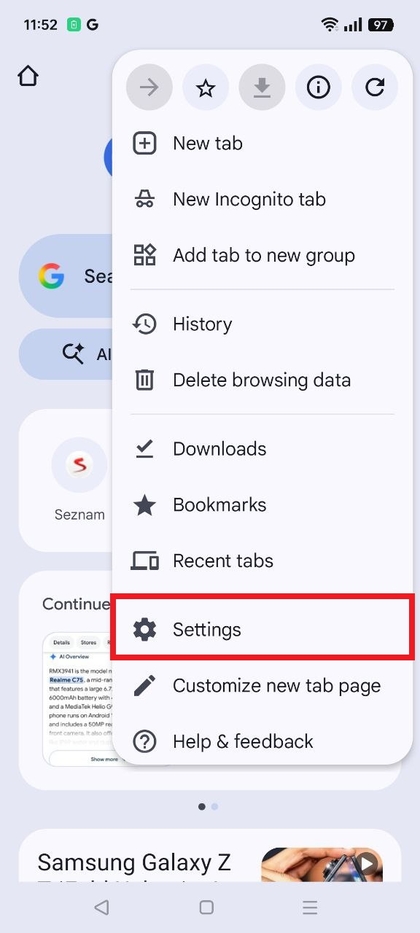 Google Chrome-instellingenmenu op Realme C75