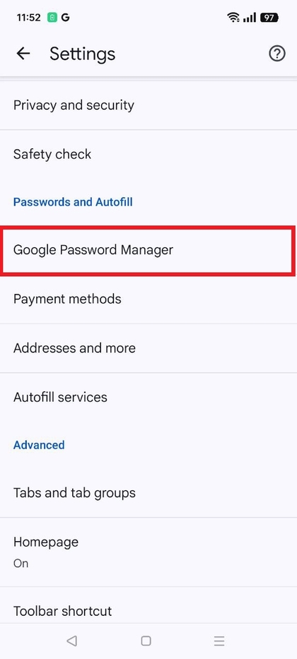 Google Password Manager-interface op Realme C75